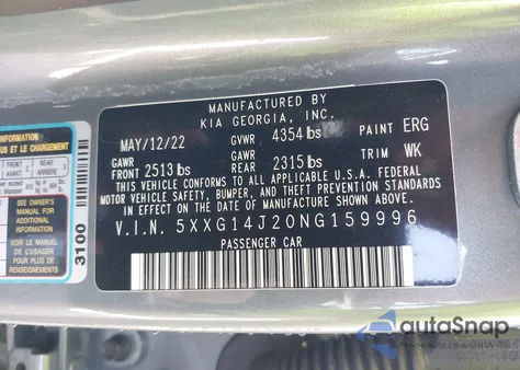 2022 Kia K5 Lxs from USA, damaged, VIN 5XXG14J20NG159996